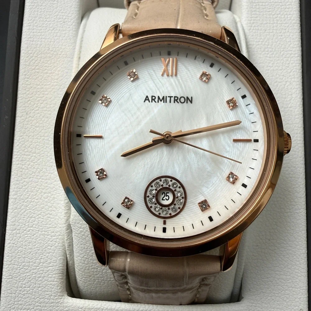 Armitron Womens‎ 75/5834RG Rose Gold Tone Crystal Leather Strap Watch New Batter
